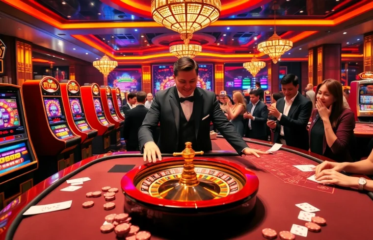 Engage in thrilling gambling action with FLY88 at a luxury casino featuring poker tables and slot machines.