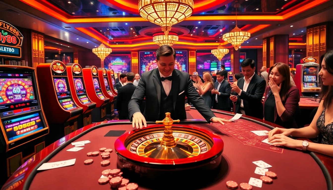 Engage in thrilling gambling action with FLY88 at a luxury casino featuring poker tables and slot machines.