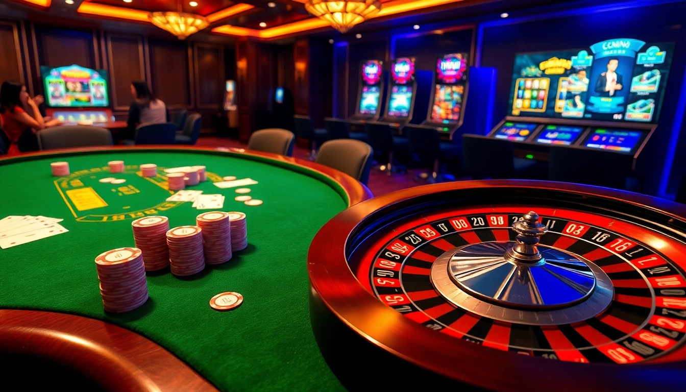 Experience go88 gaming excitement with vibrant casino visuals featuring poker chips, cards, and roulette.