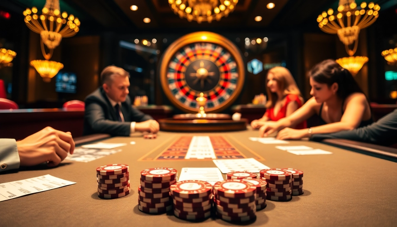 Engaging poker action at a luxurious table featuring rikvip gambling elements and vibrant casino atmosphere.