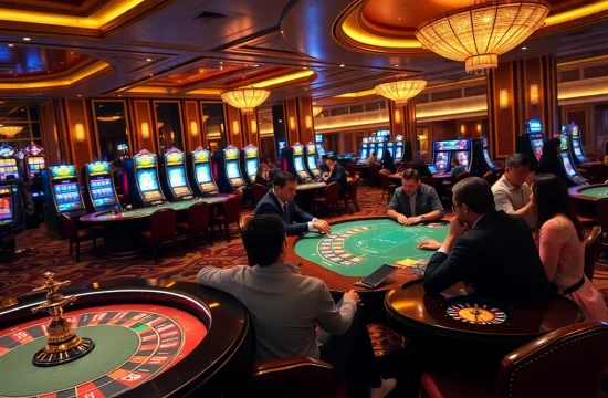 Experience the excitement of JL55 in a luxurious casino setting with vibrant gaming tables and slot machines.