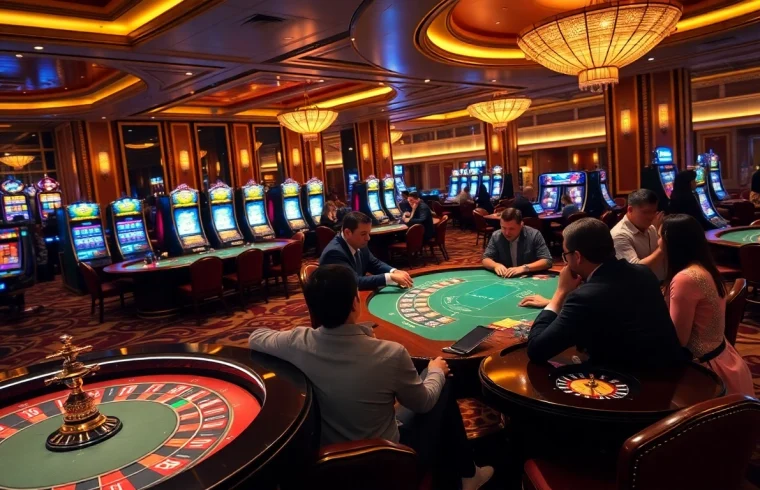 Experience the excitement of JL55 in a luxurious casino setting with vibrant gaming tables and slot machines.