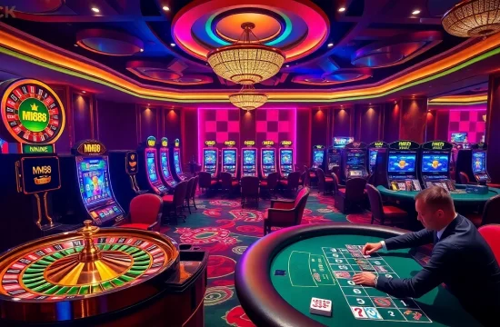 Players enjoying a vibrant MM88 online casino experience at roulette and slot machines.