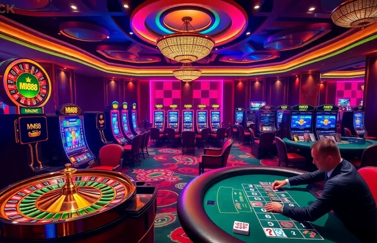 Players enjoying a vibrant MM88 online casino experience at roulette and slot machines.