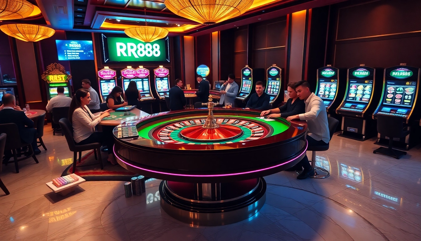Experience the thrill of gaming at RR88 casino with vibrant roulette and slot machines.