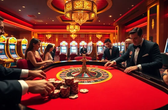 Experience thrilling action at MK8 casino with players placing bets on an elegant roulette table.