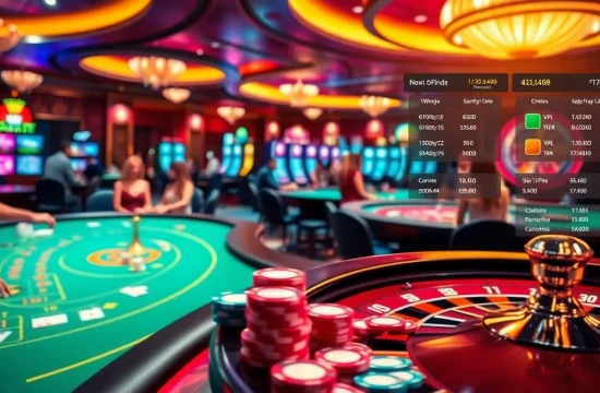 Experience vibrant gaming at MM88, featuring poker tables and slot machines in a lively casino setting.