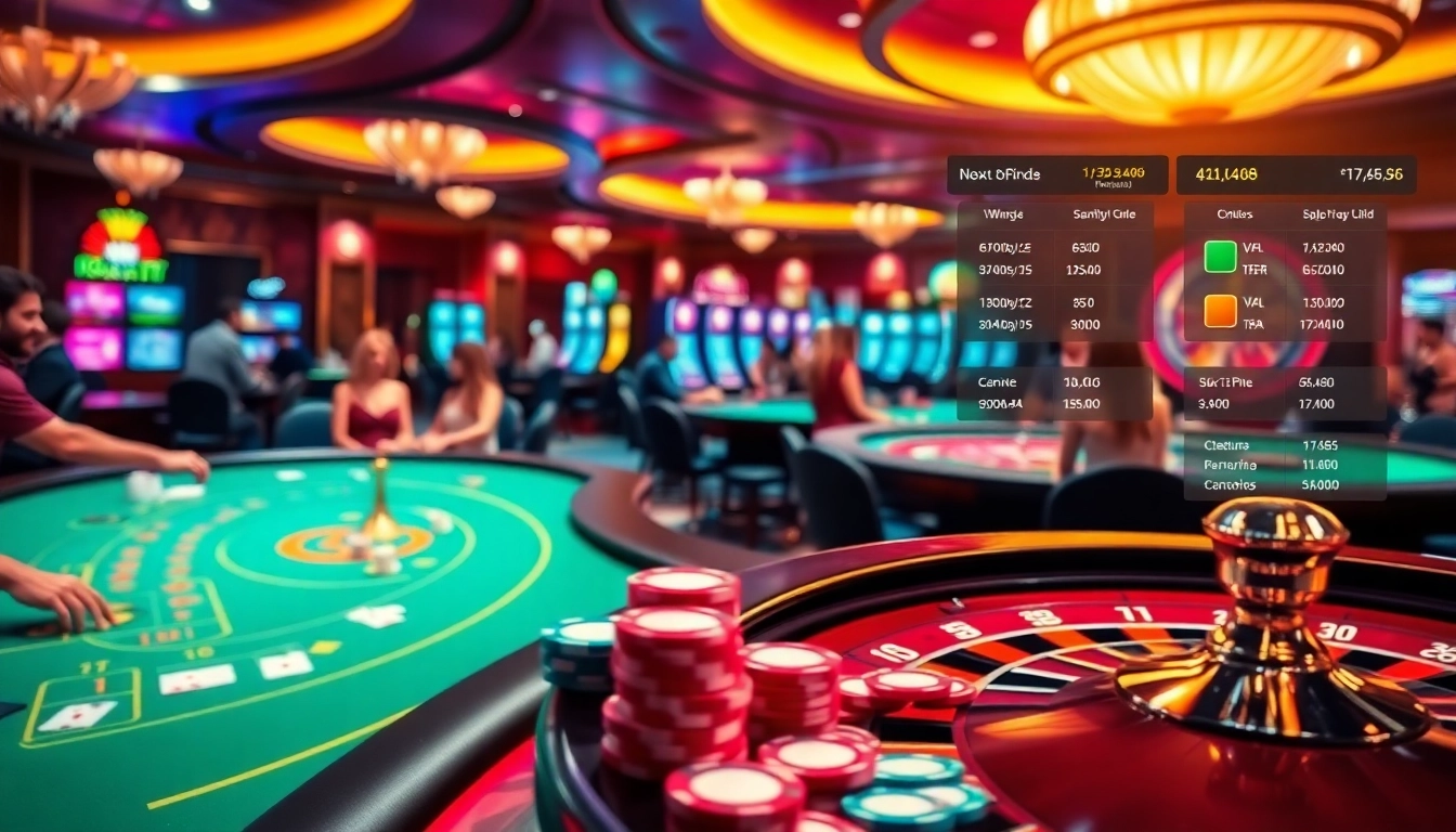 Experience vibrant gaming at MM88, featuring poker tables and slot machines in a lively casino setting.