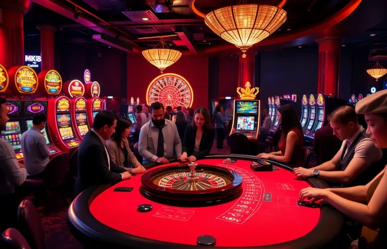 Players enjoying thrilling games at the MK8 casino, surrounded by vivid slot machines and a spinning roulette.