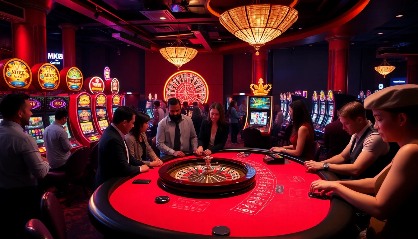 Players enjoying thrilling games at the MK8 casino, surrounded by vivid slot machines and a spinning roulette.