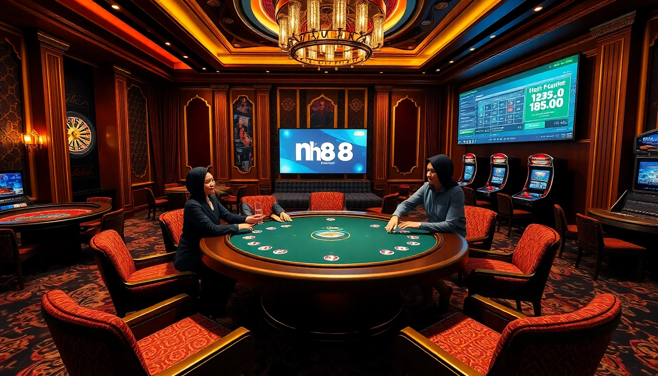 Players strategize in a luxury casino setting featuring nh88 poker table gameplay.