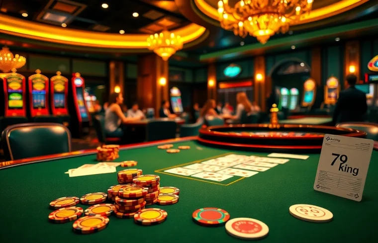 79king players enjoying an exciting high-stakes poker game with vibrant cards and chips.