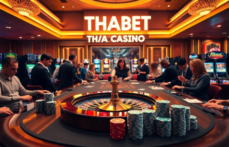 Experience the thrill of gambling at https://thabet.vegas/ with vibrant casino visuals showcasing roulette and poker.
