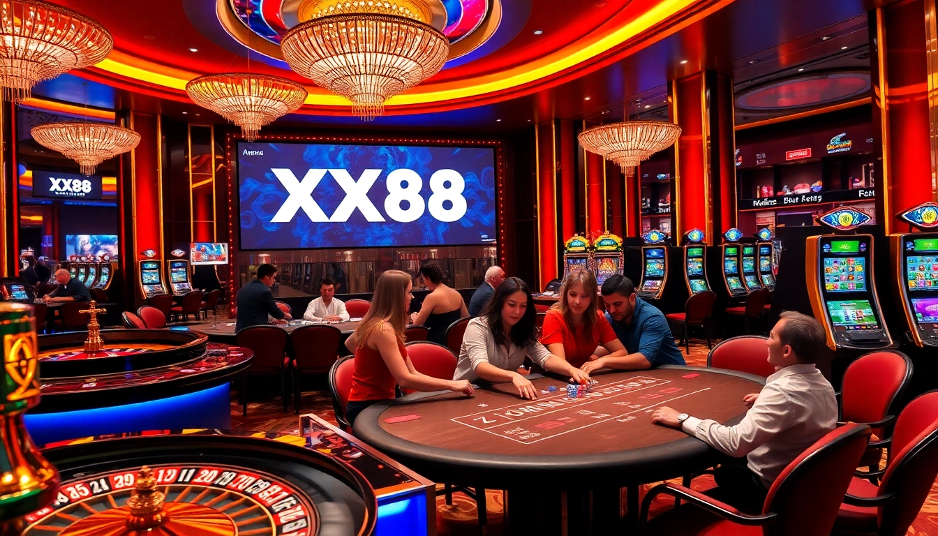 Players enjoying a lively game at XX88 casino, surrounded by slot machines and roulette wheels.