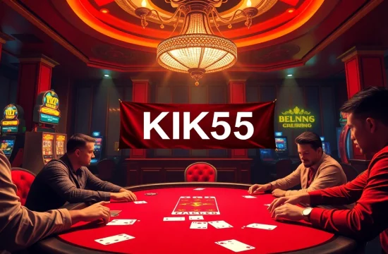 Players enjoy an intense poker game at a luxurious casino, highlighting KK55 in the decor.