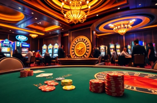 Experience excitement at b52club with vibrant casino games, chips, and a roulette wheel.