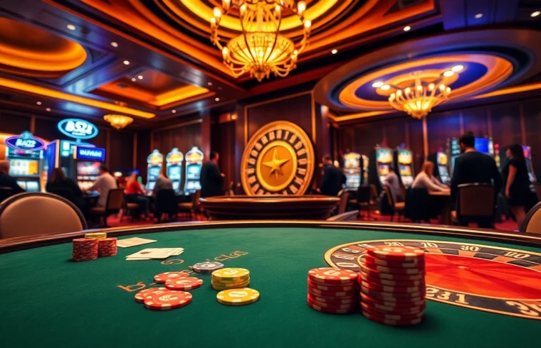 Experience excitement at b52club with vibrant casino games, chips, and a roulette wheel.