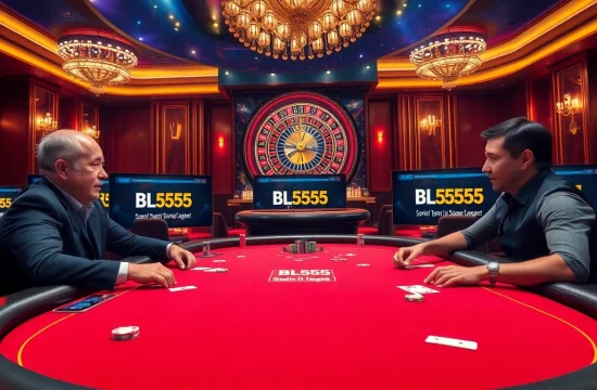 Players enjoying a thrilling poker game at BL555, surrounded by vibrant casino elements.