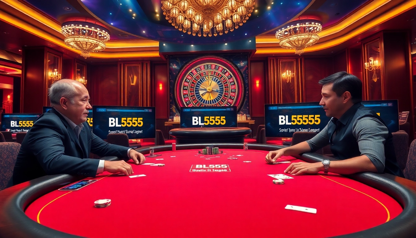 Players enjoying a thrilling poker game at BL555, surrounded by vibrant casino elements.
