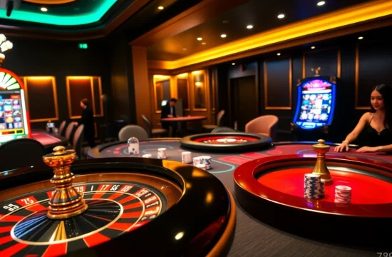 Gambling at 789club's luxurious casino, featuring active tables and vibrant visuals.