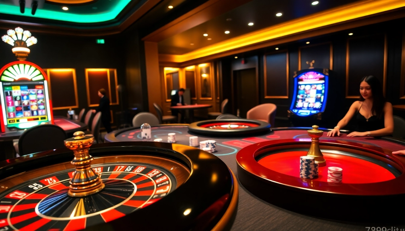 Gambling at 789club's luxurious casino, featuring active tables and vibrant visuals.