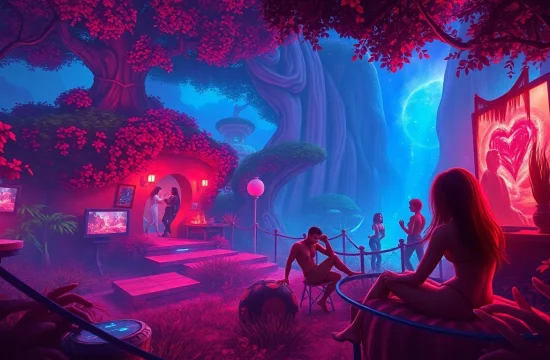 Vibrant scene of adult characters in a porn game environment, captivating and playful.
