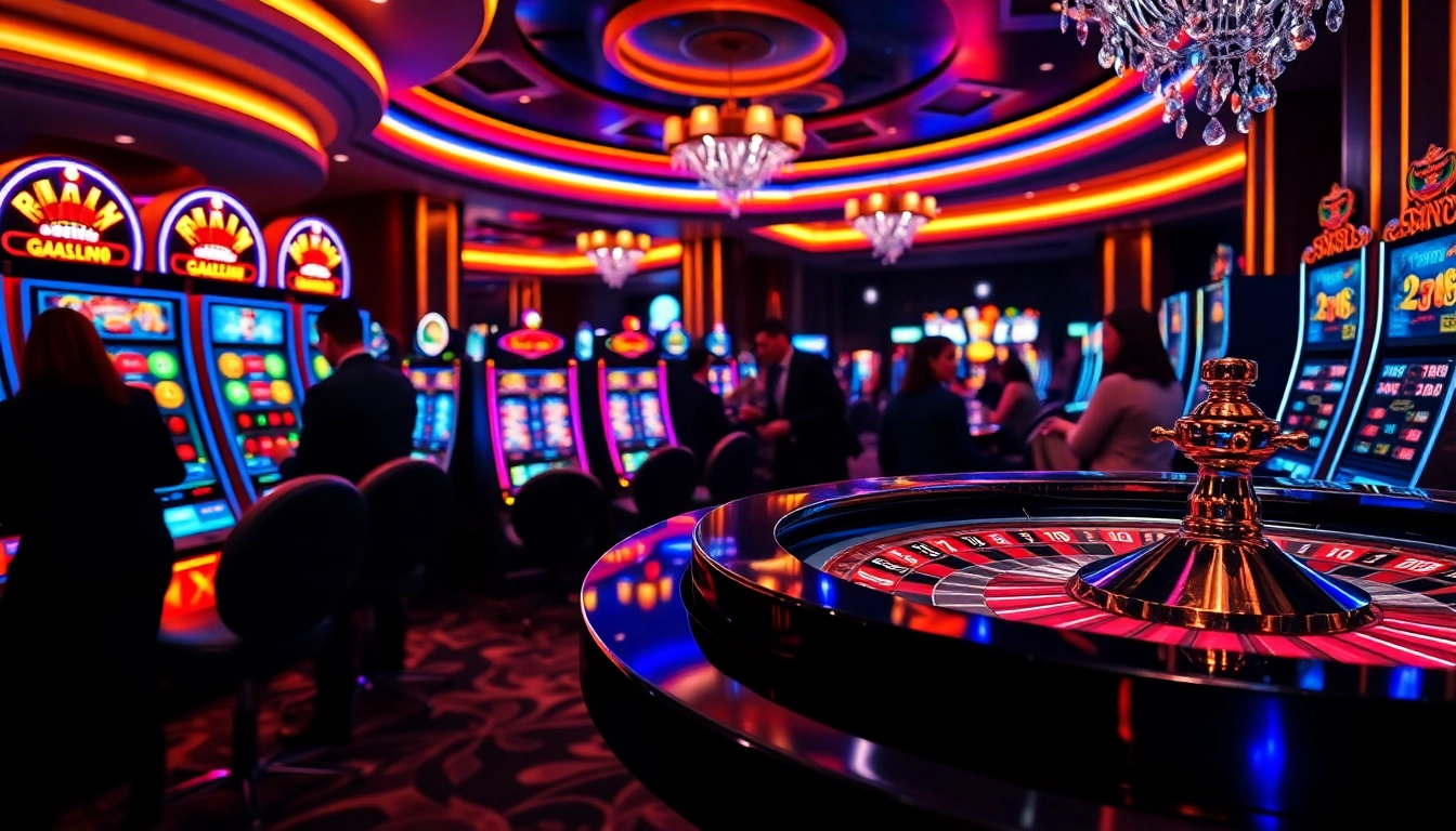Players enjoying exciting slot machines at qqmacan, surrounded by vibrant casino atmosphere.