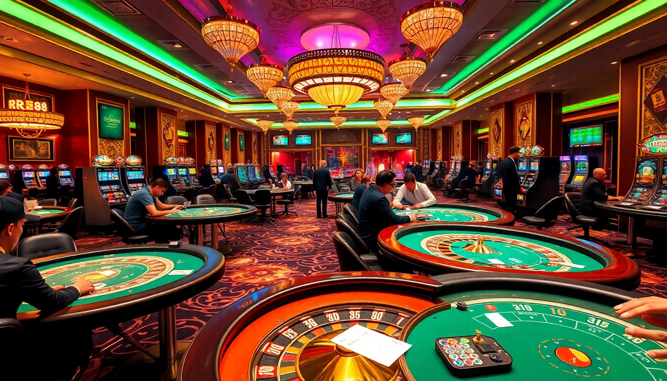 Experience the excitement of RR88 with players engaging in high-stakes gambling and vibrant casino visuals.