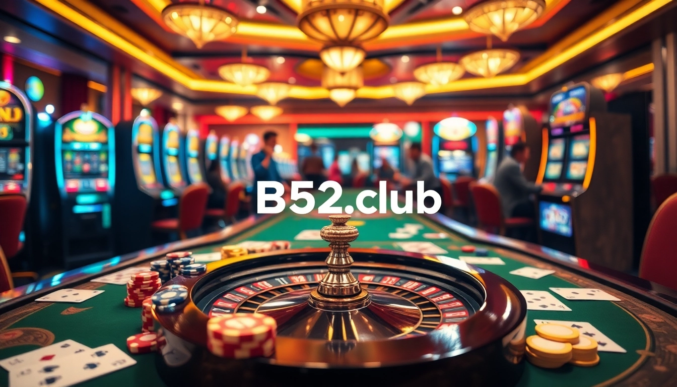 Players enjoying games at B52.club, surrounded by vibrant casino elements like roulette wheels and poker chips.
