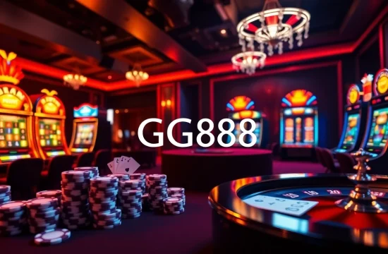Engaging scene showcasing Link GG88 with vibrant gambling elements like poker chips and slot machines.