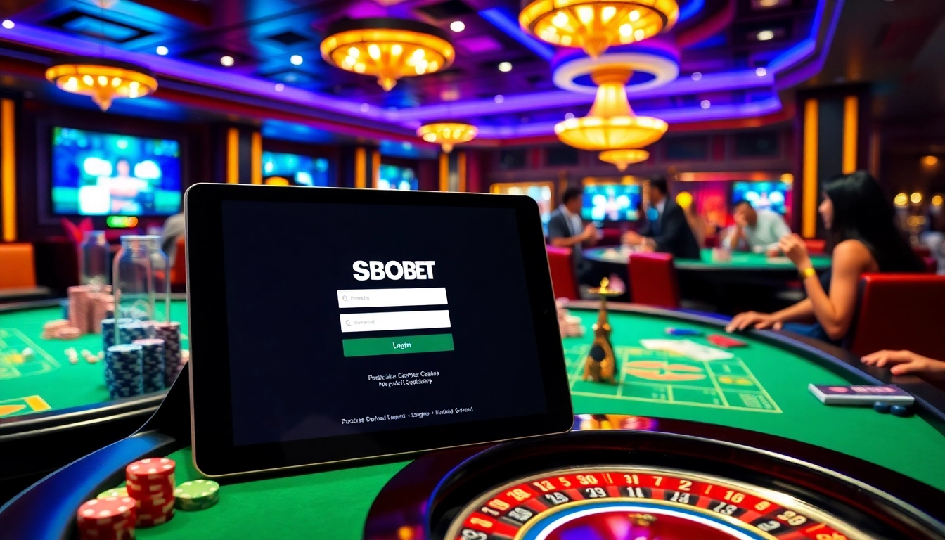 Engaging scene of sbobet login indonesia on a tablet surrounded by poker chips and casino tables.