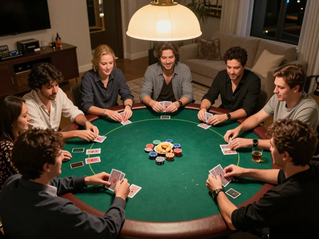 Players enjoying an exciting poker game at home while strategizing with friends in a cozy atmosphere. 11 win strategies in action.