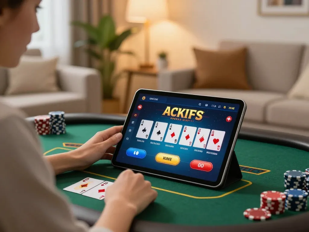 Engaging in online poker gameplay on a tablet at home with 789F interface visible.