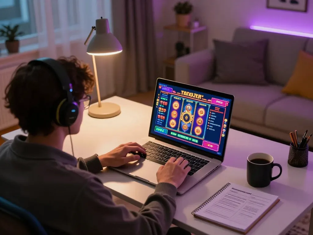 Engaged player enjoying a Rik vip online slot game on a sleek modern laptop at home