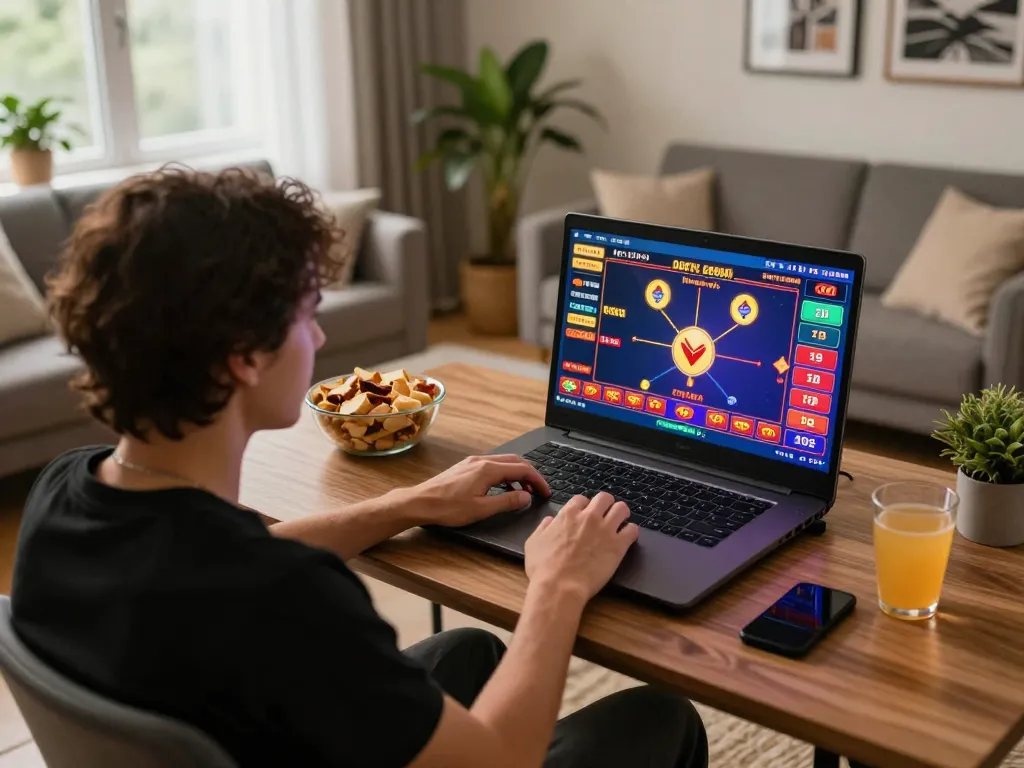 Engaging gameplay at home with https://goal123.ac/, showcasing vibrant online casino interface and cozy atmosphere