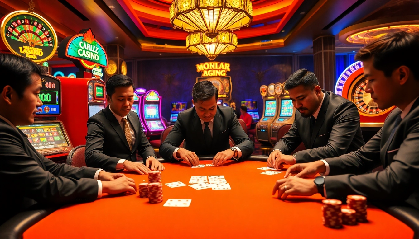 Exciting scene of professional players at a poker table on trang chủ bl555, showcasing luxury and high stakes.