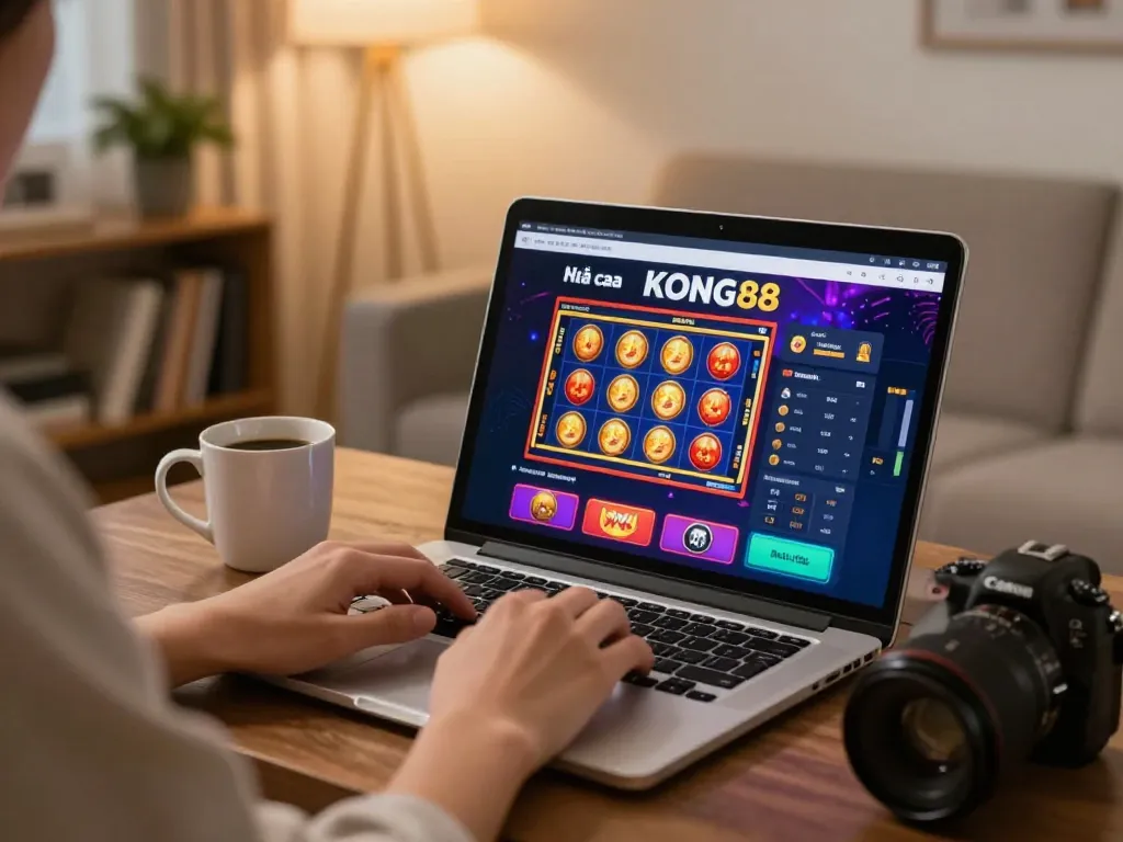 Engaging online gaming scene featuring Nhà cái KONG88 on a laptop with a cozy home atmosphere.