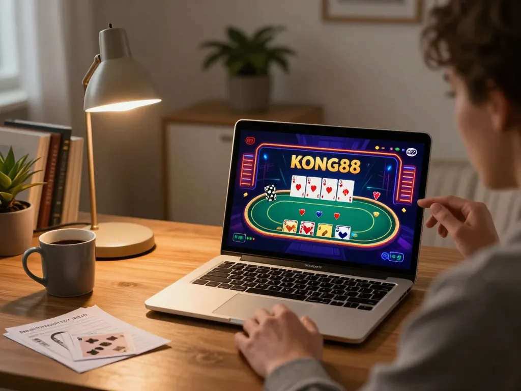 KONG88 online gaming scene showing a player strategizing while enjoying a cozy home setting