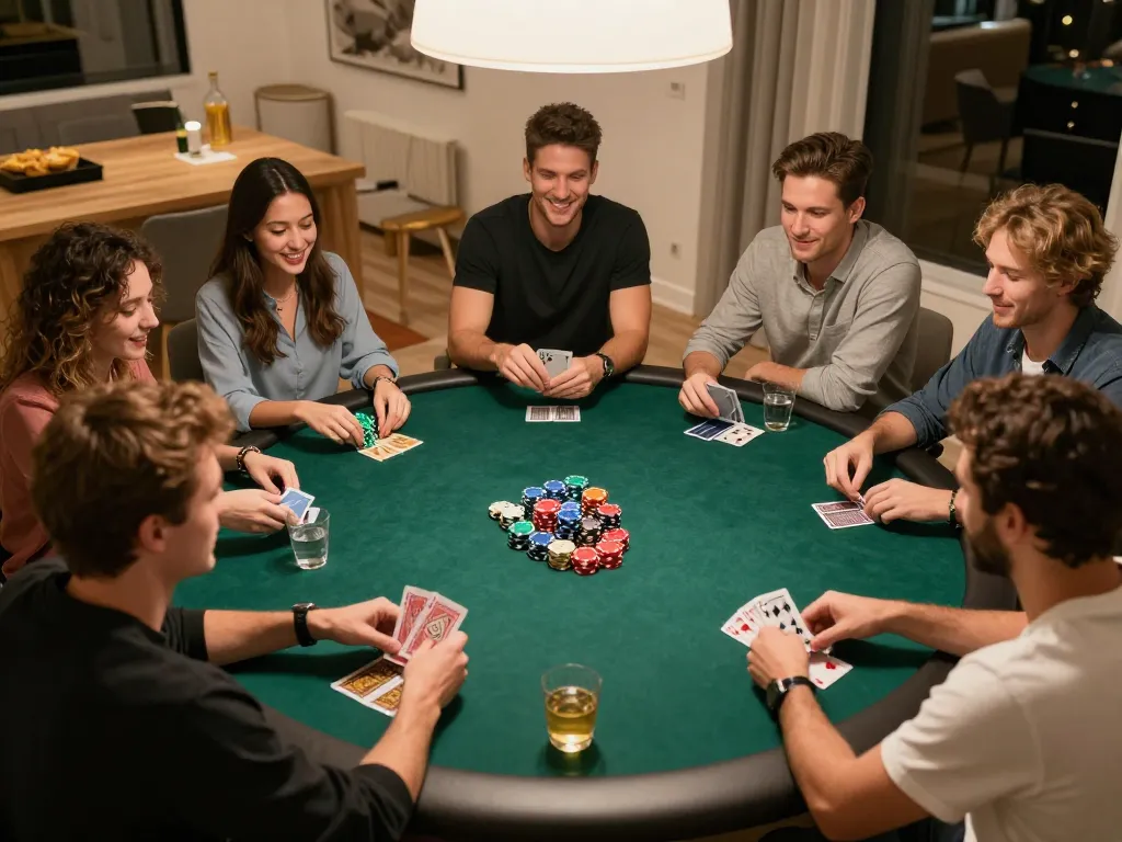 Players at a home poker night strategizing their bets while enjoying drinks and snacks at a cozy table, highlighting gambling moments from https://vikubet.com/.