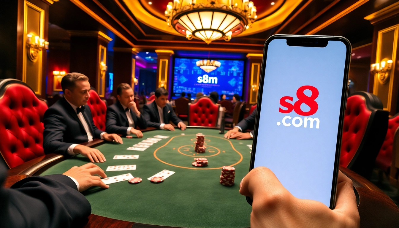 S8 com casino experience showcasing poker table with chips and cards in an elegant setting.