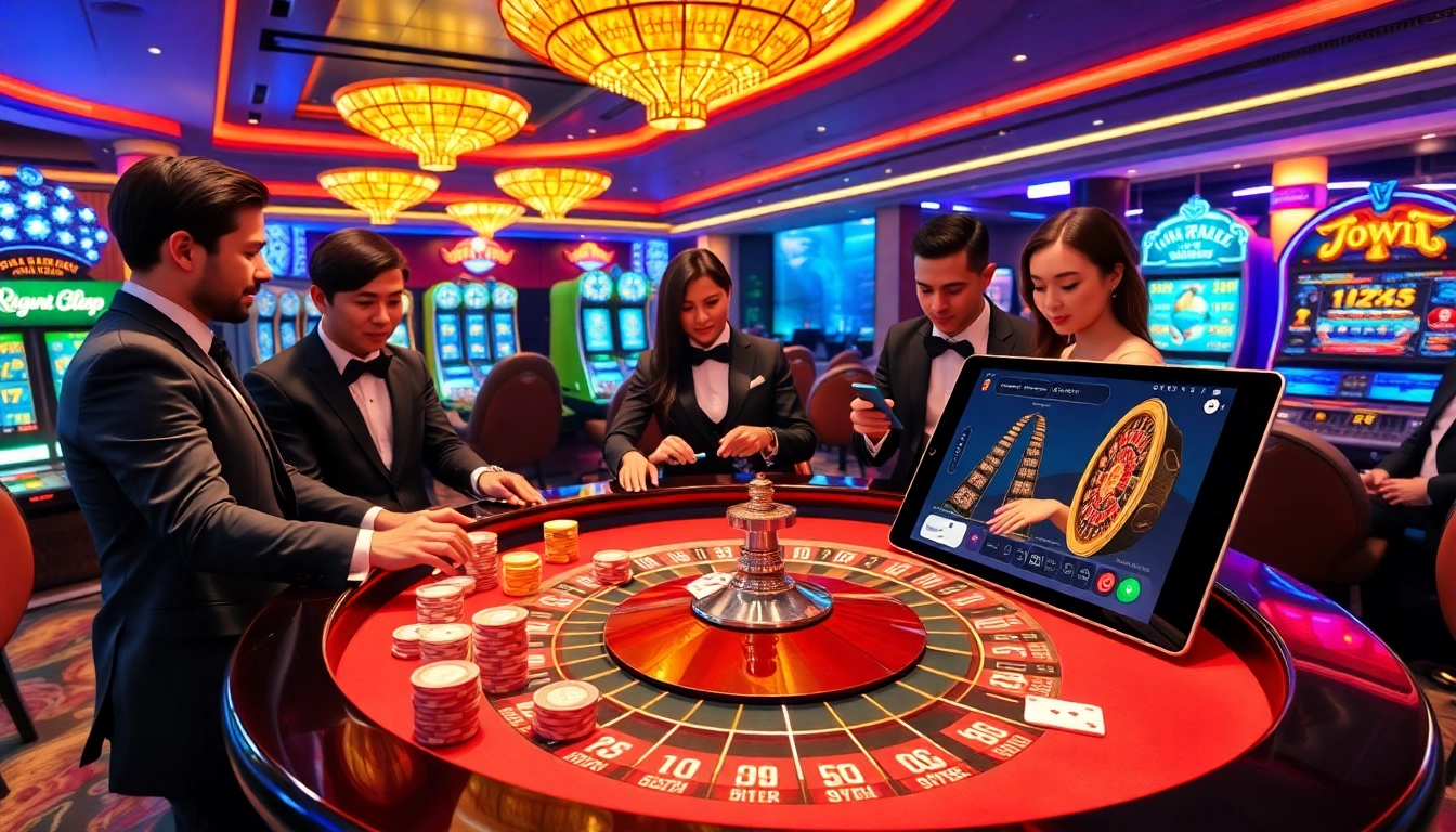 Exciting gambling scene at trang chủ 789win with roulette, poker chips, and online betting interfaces.