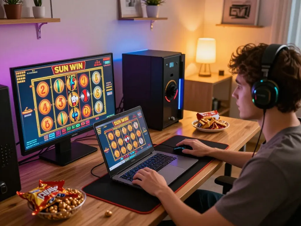 Engaging in Sun win online gaming experience on a laptop at home, showcasing a cozy setup.