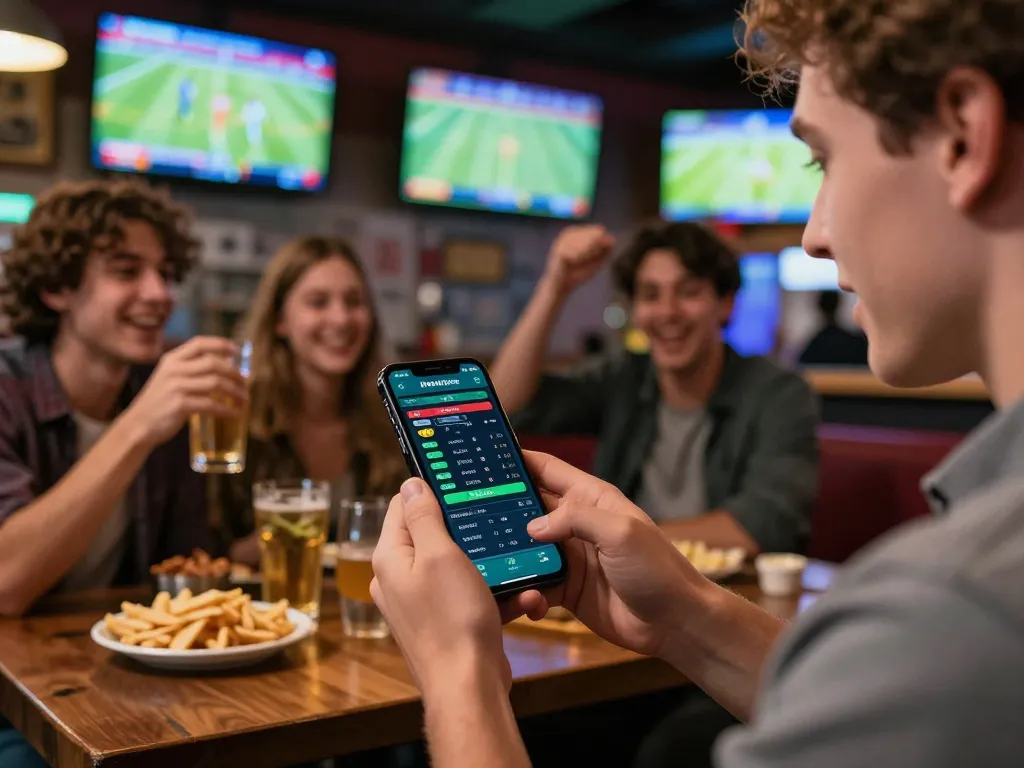 Person placing bets on 98win.com at a lively sports bar with multiple screens.