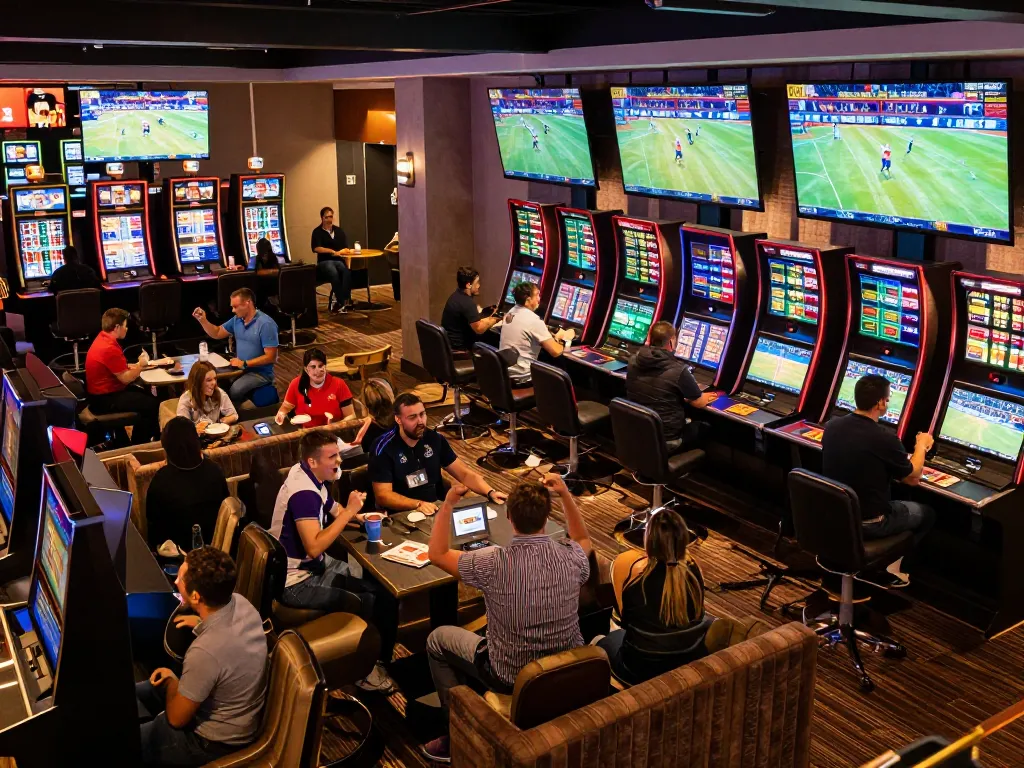 Soi keo nha cai with enthusiastic bettors in a lively sports betting lounge.