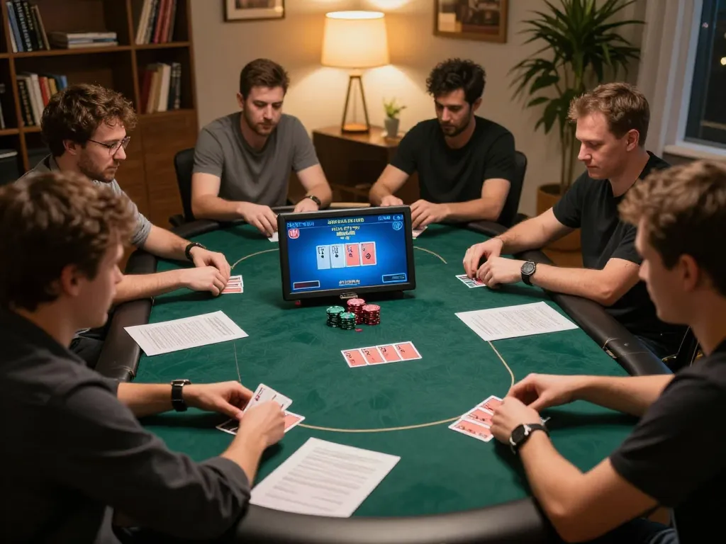 Players enjoying poker at home with af88 app visible, showcasing a dynamic gaming session.