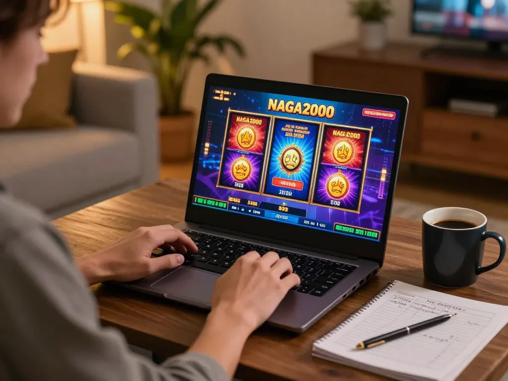 NAGA2000 player engaging in slot games at home with strategy notes and coffee