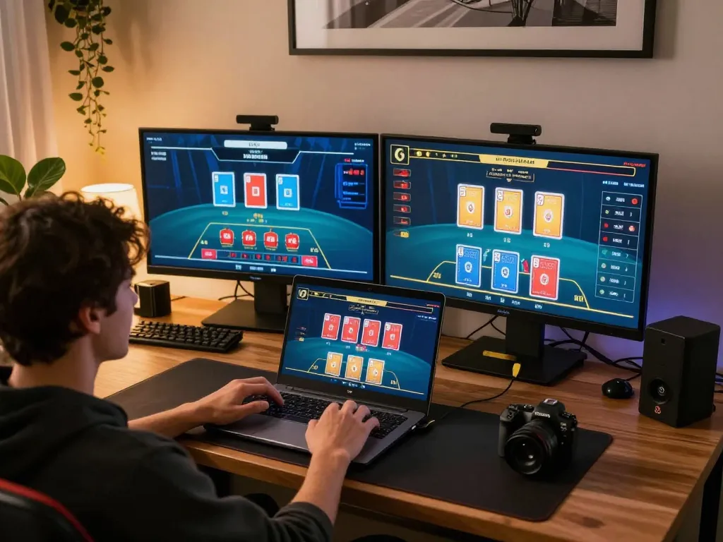 Iwin user enjoying live blackjack gameplay on a laptop in a stylish home setting.