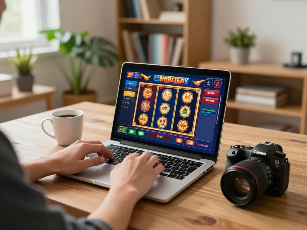 Playing exciting games at 888NEW through a laptop in a cozy home setting, showcasing online casino fun