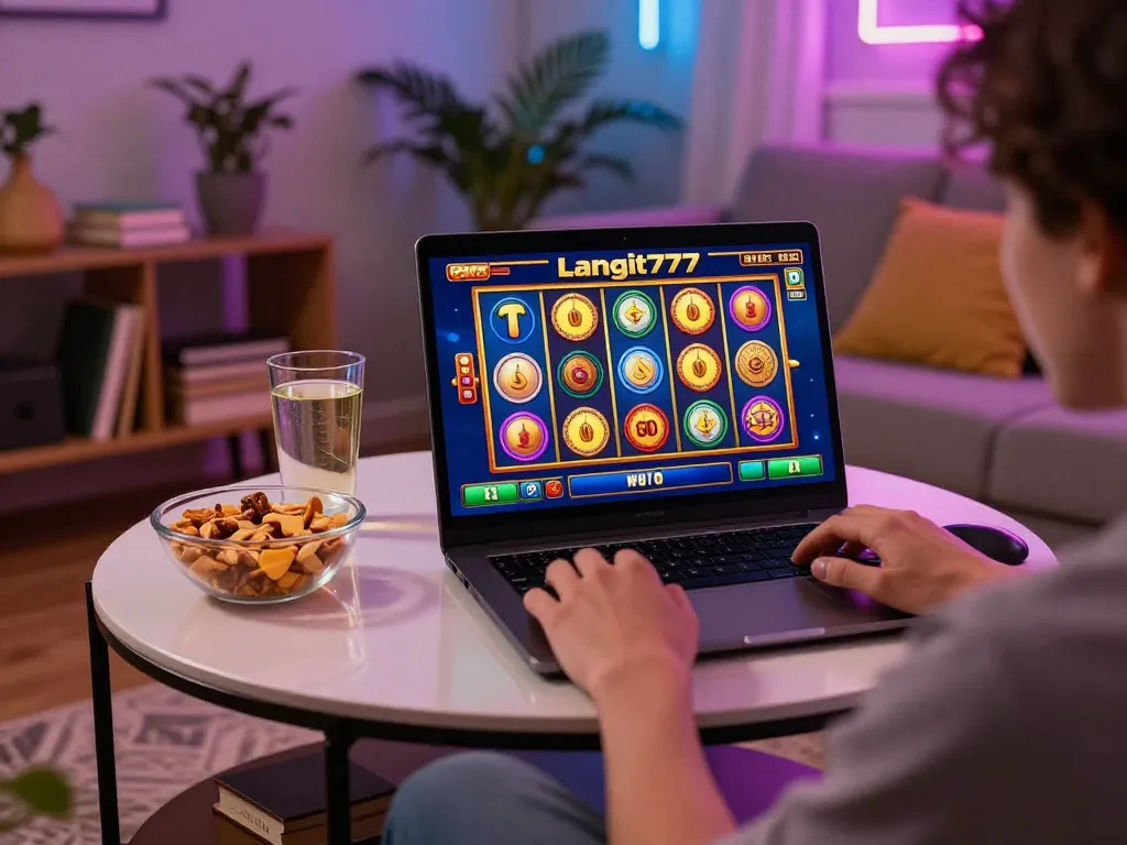 Engaged player enjoying langit777 online slot game in cozy home setting, with playful atmosphere and vibrant graphics.