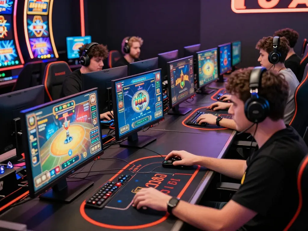 IWIN68 CLUB players engaging in an online gaming tournament, showcasing intense focus and excitement.